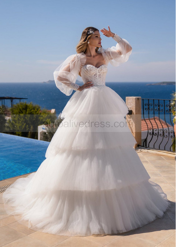 Ivory Lace Pleated Tulle Tiered Wedding Dress